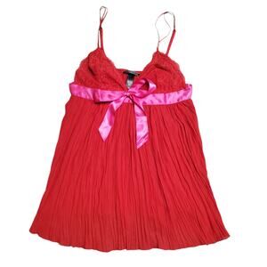 Victoria's Secret Babydoll Slip Dress Red Pleated Pink Bow - Size Large